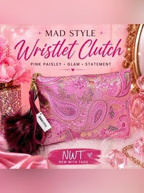 NWT MAD STYLE Pink Paisley Wristlet Clutch w/ Faux Fur Pom Pom – Glam Statement